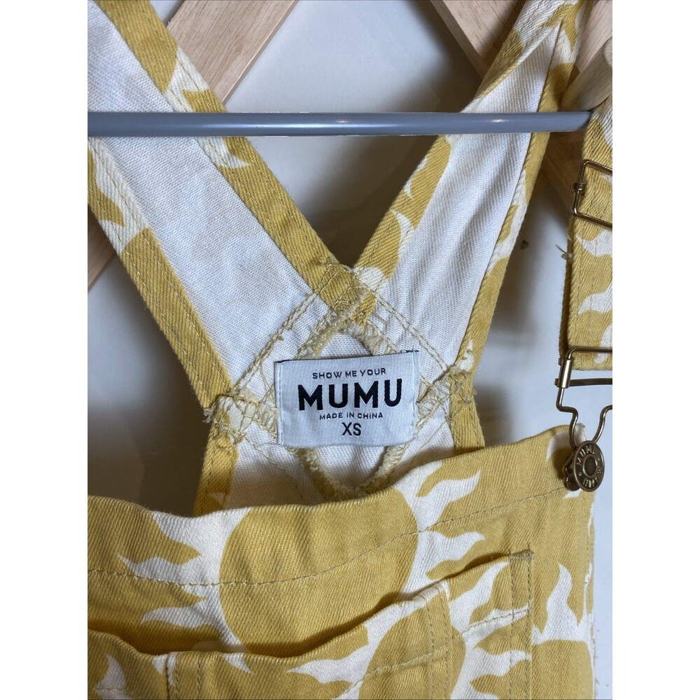 SHOW ME YOUR MUMU MARFA PARADISE SUN PRINT YELLOW DENIM OVERALLS XS $188 - Picture 6 of 8